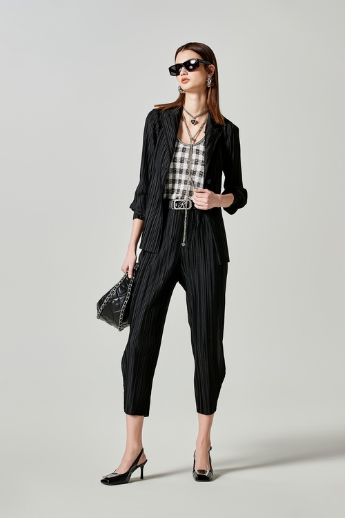 Full Pleated Mid Length Jacket,Long sleeve outerwear