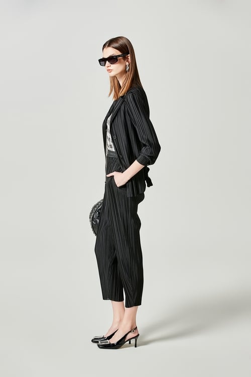 Full Pleated Mid Length Jacket,Long sleeve outerwear