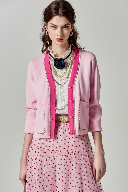 V-neck Pink Cardigan With Braided Trim Detail,Knitted coats