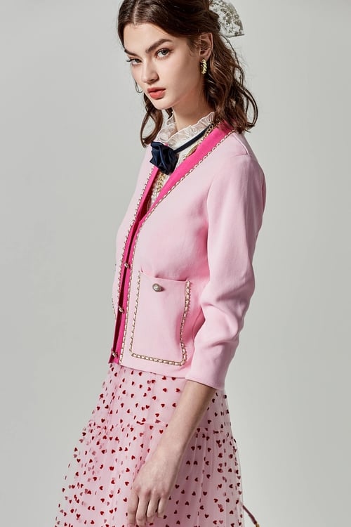 V-neck Pink Cardigan With Braided Trim Detail,Knitted coats