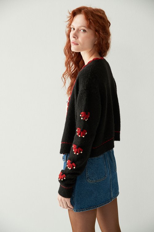 Red Contrast Detail Autumn Cardigan,Valentine