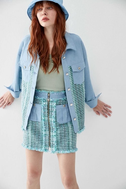 Denim Contrast Tweed Jacket,Denim Jackets