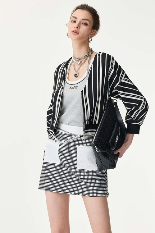 Black White Stripe Contrast Crop Jacket,Stripe