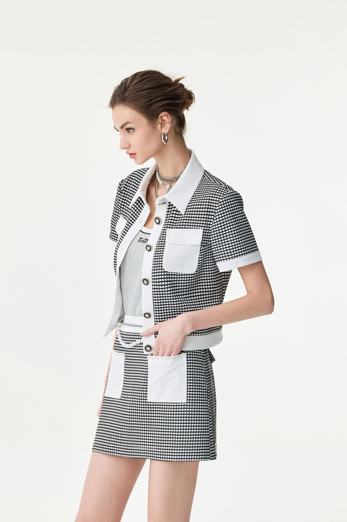 Short Sleeve Contrast Plaid Crop Jacket,,Short Sleeve Contrast Plaid Crop Jacket,Jackets,Outerwear,Season (SS) Look,co-ord sets