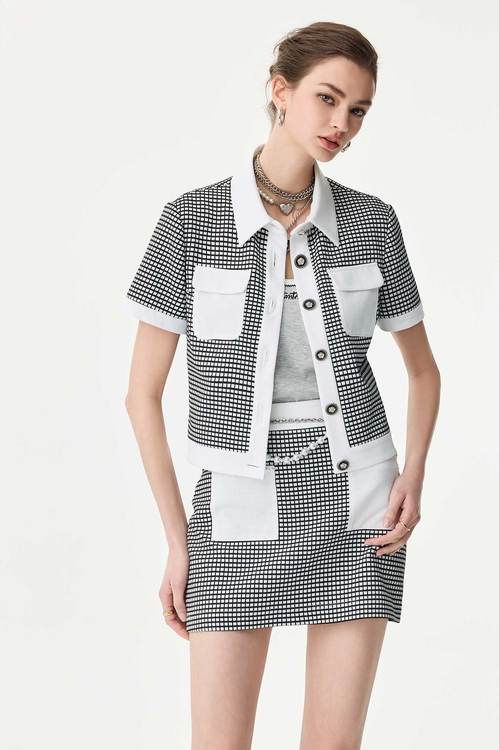 Short Sleeve Contrast Plaid Crop Jacket,,Short Sleeve Contrast Plaid Crop Jacket,Jackets,Outerwear,Season (SS) Look,co-ord sets