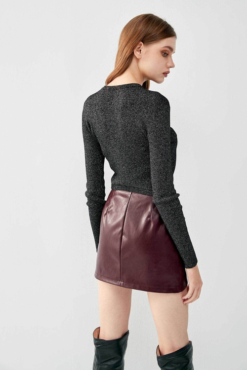 Maroon Pu Mini Skirt,Leather,Leather