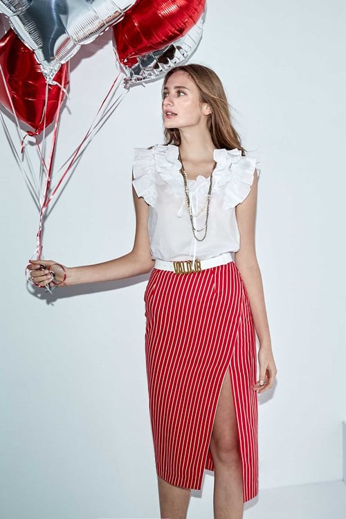 Red With White Stripe Thigh Slit Skirt,iROO LIVE