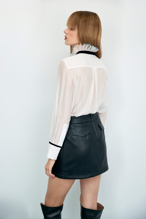 PU Overlap Panel Skirt,Leather,Leather