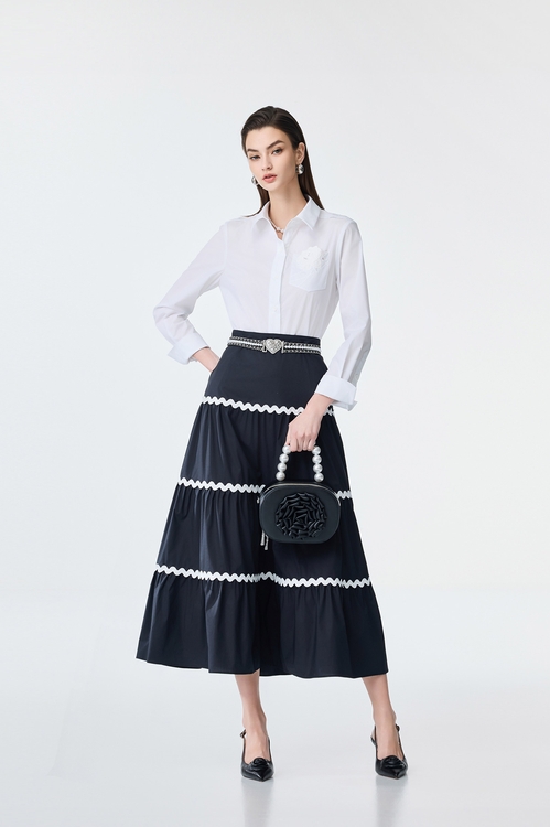 Contrast Trim Detail Tiered Skirt,Midi skirts