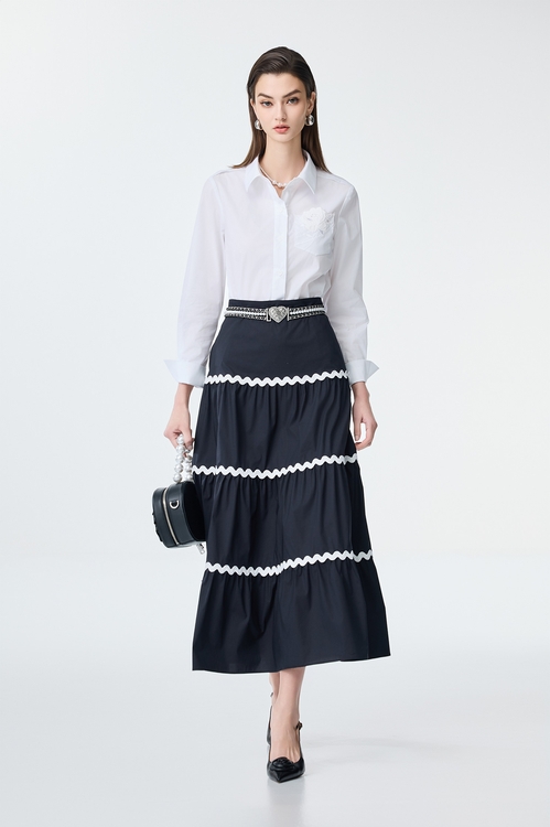 Contrast Trim Detail Tiered Skirt,Midi skirts