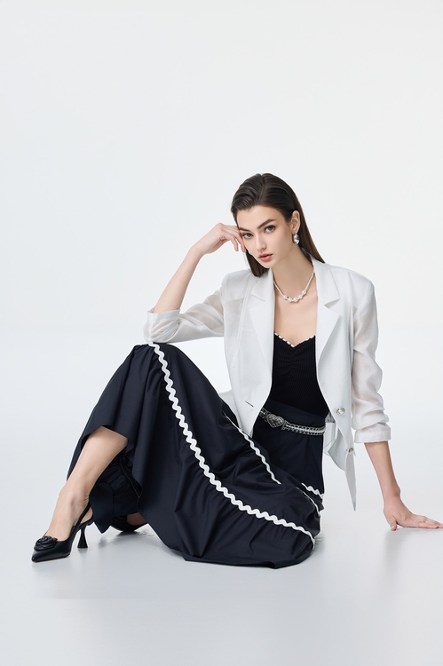 Contrast Trim Detail Tiered Skirt,Midi skirts