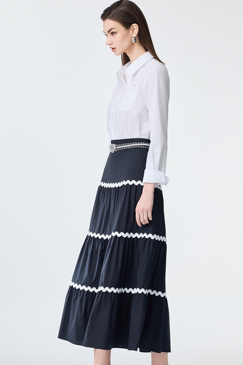 Contrast Trim Detail Tiered Skirt,Midi skirts