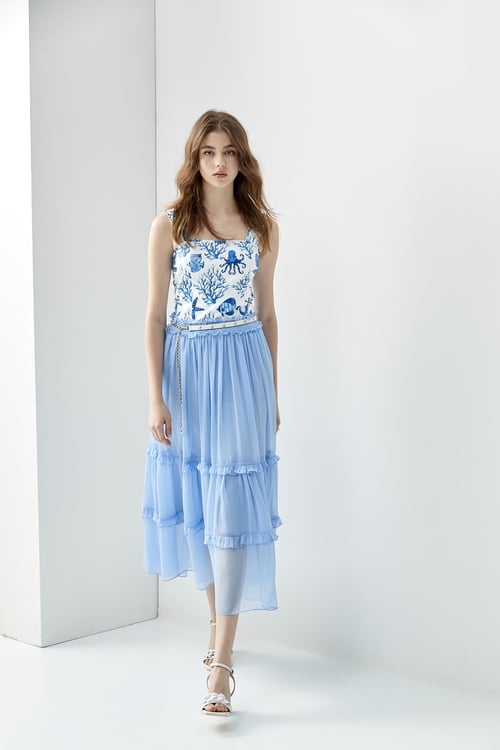 Elastic Waist Chiffon Tiered Skirt,co-ord sets