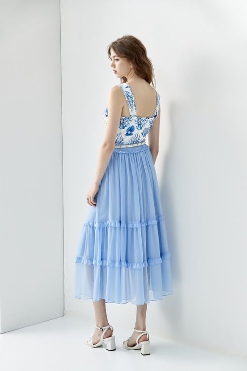 Elastic Waist Chiffon Tiered Skirt,co-ord sets