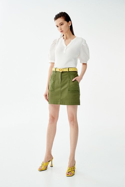 Basic Green Denim Skirt,Embroidered,Embroidered