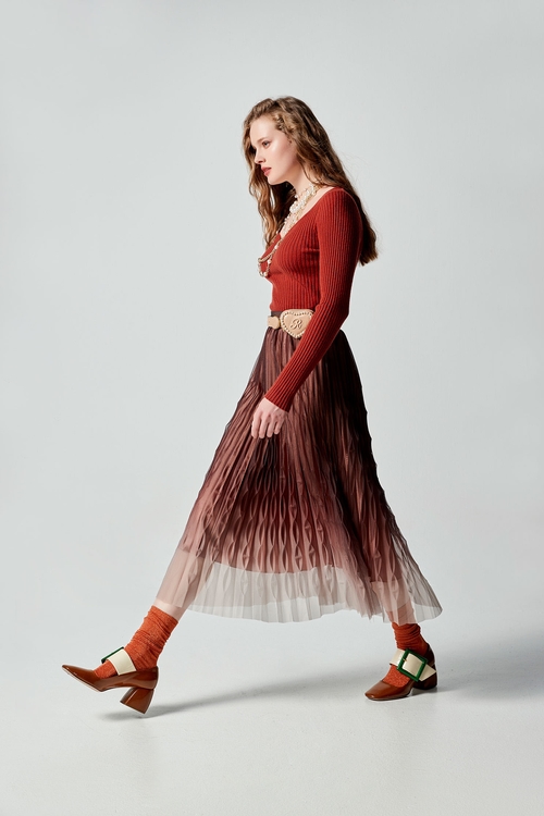 Gradient Pleated Skirt,Mesh fabric