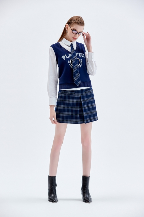 Front Pleat Checkered Skirt,Shorts