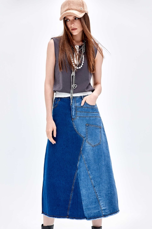 Two Tone Denim Skirt,Midi skirts