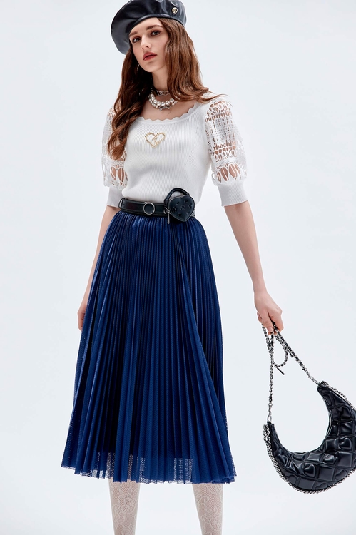 Full Pleated Navy Skirt,Midi skirts