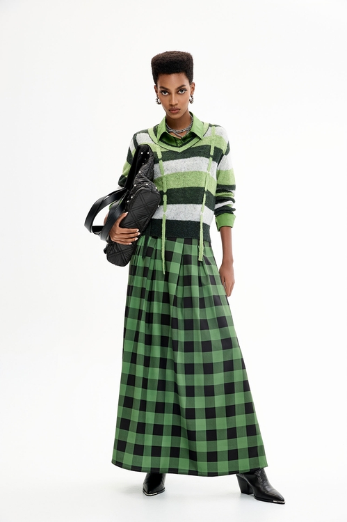 Green Checkered Maxi Skirt,Midi skirts