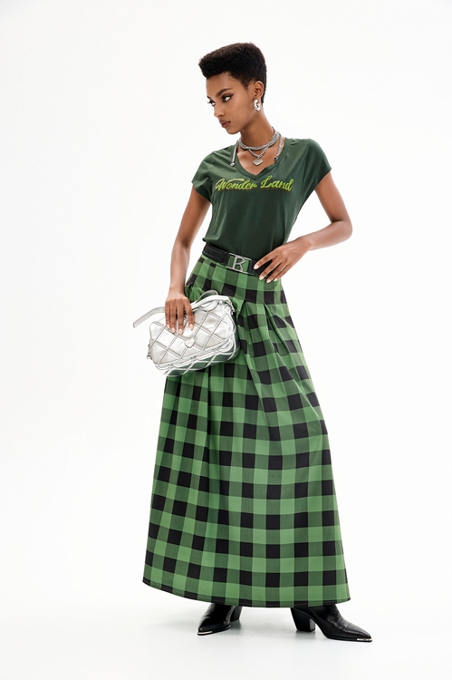 Green Checkered Maxi Skirt,Midi skirts