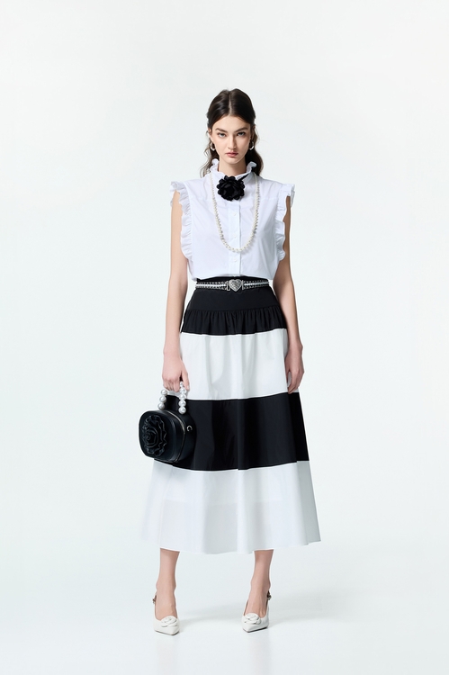 Black White Contrast Taffeta Skirt,Midi skirts