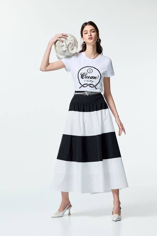 Black White Contrast Taffeta Skirt,Midi skirts