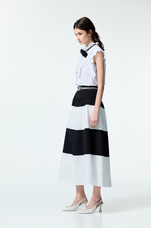 Black White Contrast Taffeta Skirt,Midi skirts