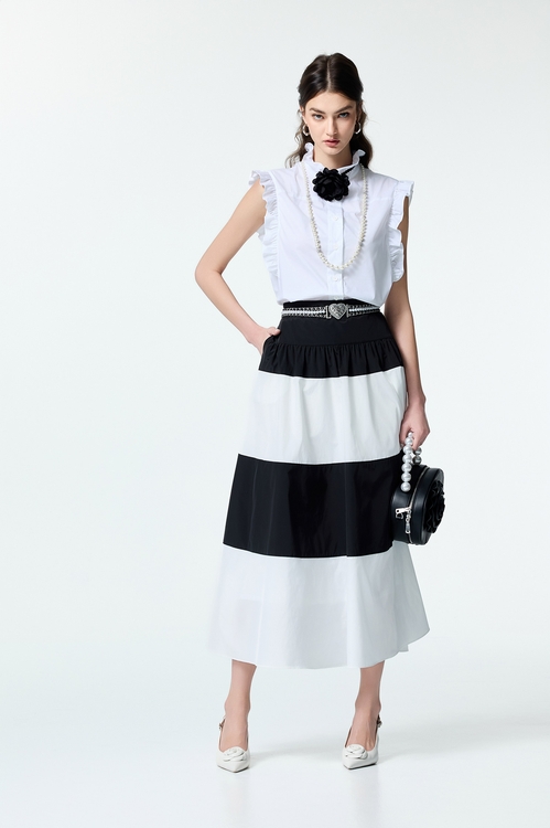 Black White Contrast Taffeta Skirt,Midi skirts