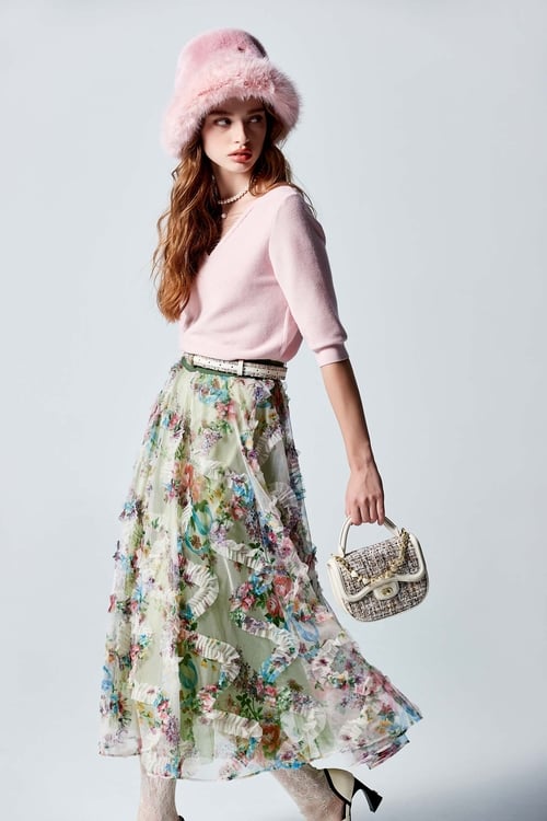 Floral Print Mesh Skirt With Pleated Ruffle,Mesh fabric