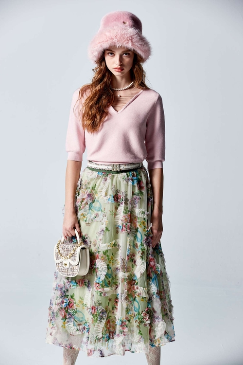 Floral Print Mesh Skirt With Pleated Ruffle,Mesh fabric