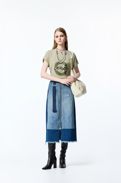 Contrast Tone Front Zip Denim Skirt,Midi skirts
