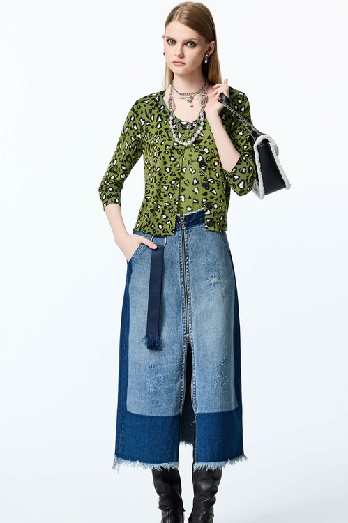 Contrast Tone Front Zip Denim Skirt,Midi skirts