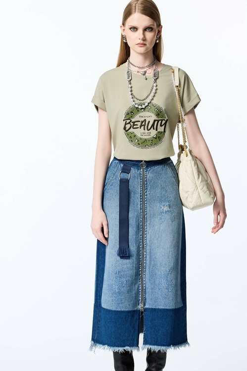 Contrast Tone Front Zip Denim Skirt,Midi skirts