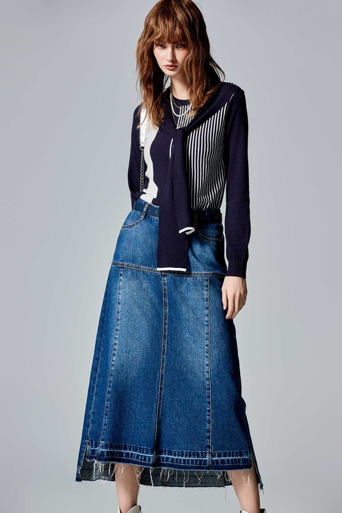 Midi Denim Skirt With Fray Hem Detail,Denim skirts