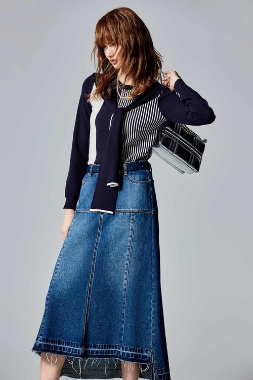 Midi Denim Skirt With Fray Hem Detail,Denim skirts