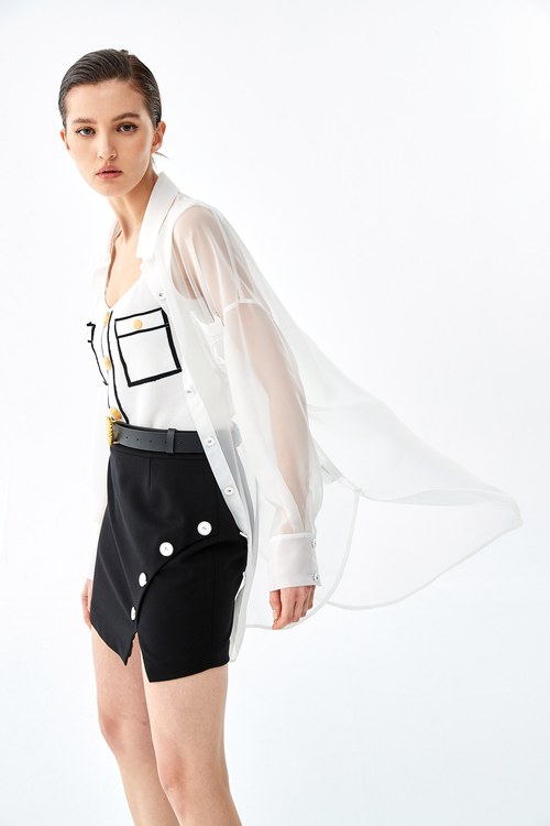 Fitted Mini Skirt With Contrast Button Applique,Black skirts