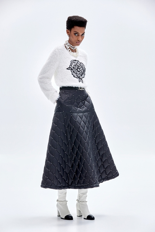 A-line Pearl Detail Quilted Maxi Skirt,Midi skirts