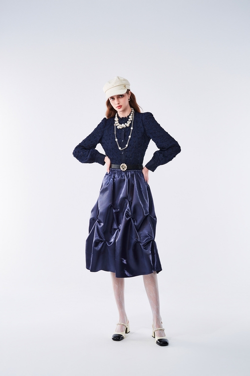 Irregular Folds Navy Skirt,Midi skirts