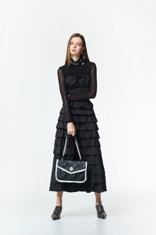 Jet Black Ruffle Tiered Maxi Skirt,,Jet Black Ruffle Tiered Maxi Skirt,Office Looks,bestselling,Season (AW) Look,Valentine,Layered skirts,Midi skirts