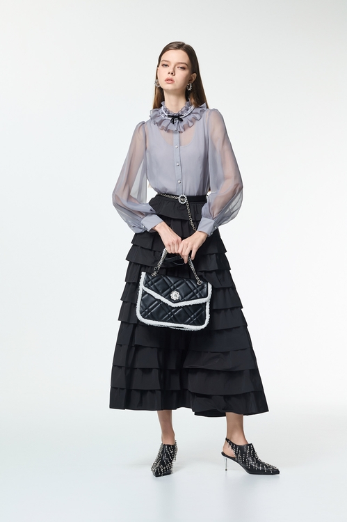 Jet Black Ruffle Tiered Maxi Skirt,,Jet Black Ruffle Tiered Maxi Skirt,Office Looks,bestselling,Season (AW) Look,Valentine,Layered skirts,Midi skirts