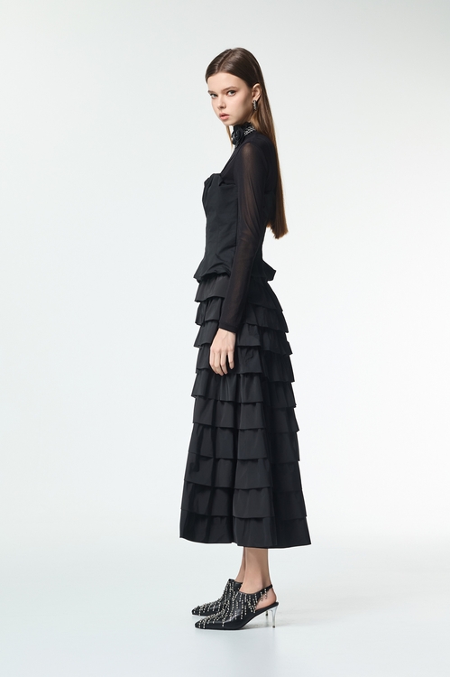 Jet Black Ruffle Tiered Maxi Skirt,,Jet Black Ruffle Tiered Maxi Skirt,Office Looks,bestselling,Season (AW) Look,Valentine,Layered skirts,Midi skirts