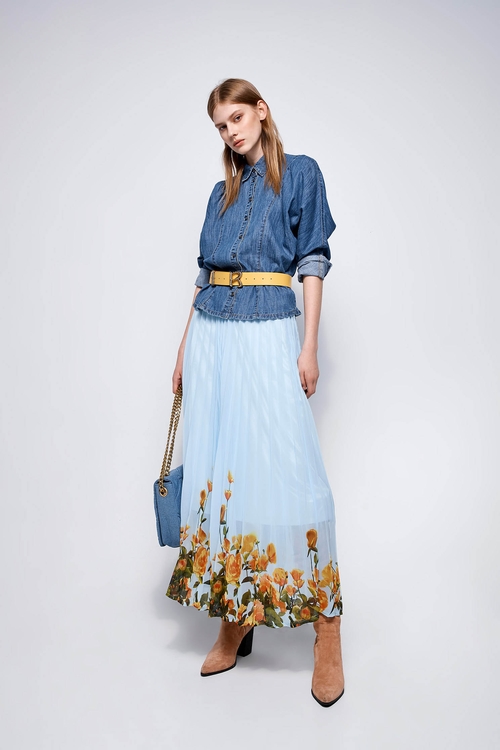 Blue Pleated Chiffon Skirt With Contrast Floral Print,Pleated skirts