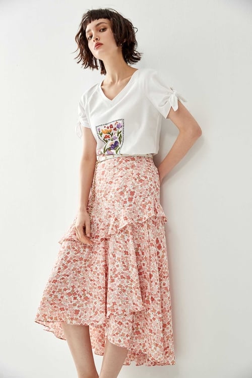 Pink Floral Print Asymmetric Skirt,Layered skirts