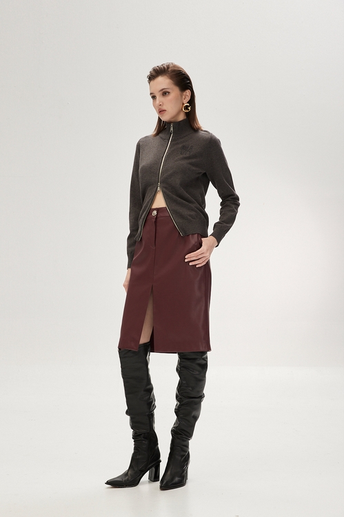 Wine Red PU Pencil Skirt,Leather,Leather