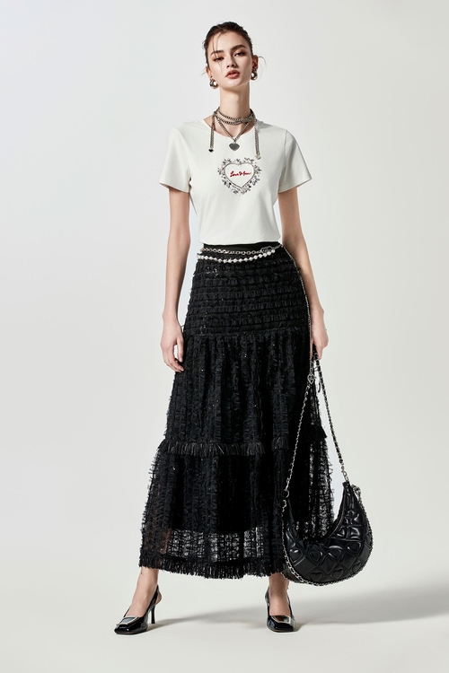 Mesh Fringe Tiered Skirt,Layered skirts