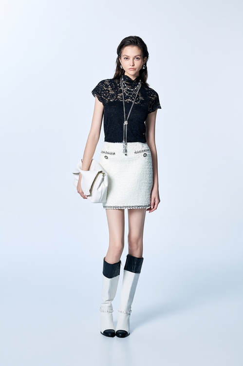 Off White Contrast Trim Tweed Skirt,Mini skirts