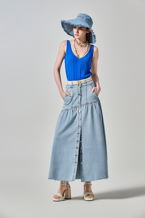 Button Front Maxi Denim Skirt,Denim skirts