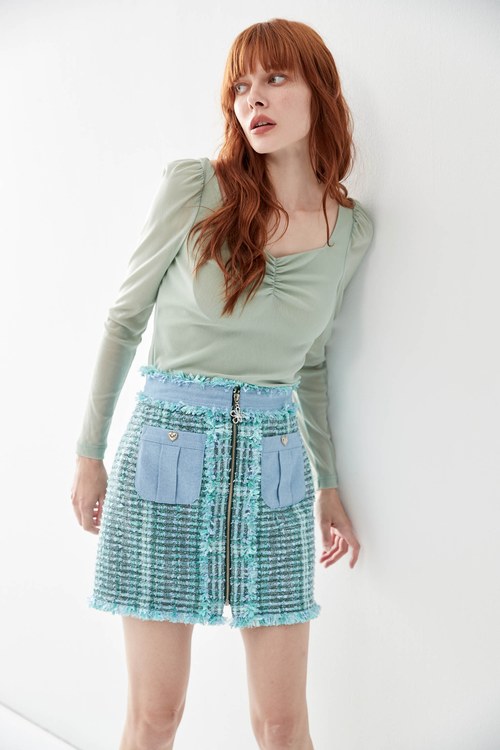 Denim Contrast Tweed Skirt,co-ord sets