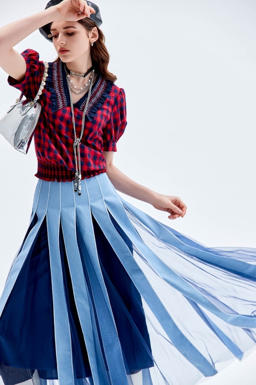 Denim With Mesh Patchwork Maxi Skirt,Pleated skirts